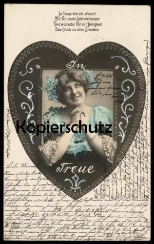ALTE POSTKARTE FRAU IN TREUE BIN ICH ALLEZEIT INNIGKEIT TREU HERZ LIEBE love faithful dévoué devot Text Kinematograph