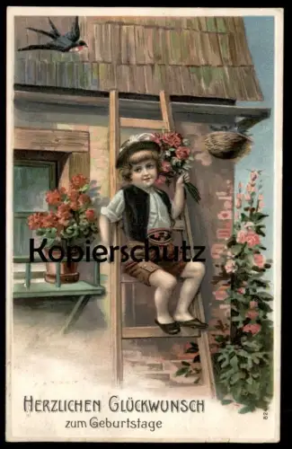 ALTE PRÄGE POSTKARTE HERZLICHEN GLÜCKWUNSCH ZUM GEBURTSTAG JUNGE AUF EINER LEITER MIT VOGELNEST KIND Nest nid boy bird