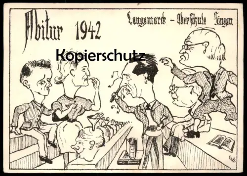 ALTE POSTKARTE ABITUR 1942 SINGEN HOHENTWIEL LANGEMARCK OBERSCHULE Karikatur Wissens-Trichter Hegau-Gymnasium AK cpa