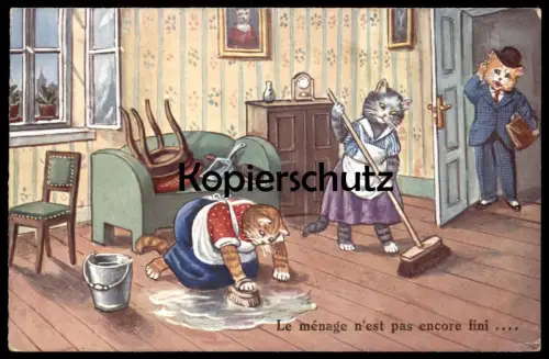 ALTE POSTKARTE KATZEN VERMENSCHLICHT WISCHEN HAUSPUTZ LE MÉNAGE N'EST PAS ENCORE FINI cat cats chat chats Katze postcard