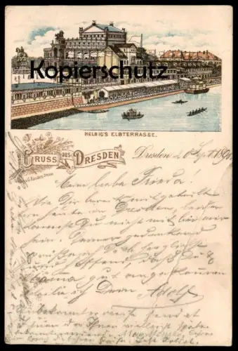 ALTE LITHO POSTKARTE GRUSS AUS DRESDEN 1891 HELBIG'S ELBTERRASSE TERRASSE Ansichtskarte AK cpa postcard
