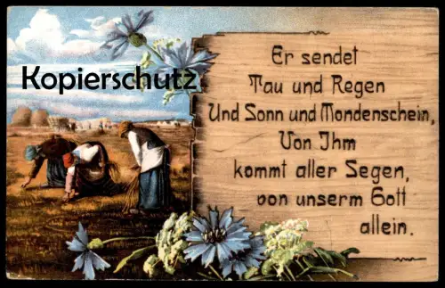 ALTE KÜNSTLER POSTKARTE SPRUCH MÜHE ARBEIT GOTT ER SENDET TAU UND REGEN SONNE HOLZBRANDMALEREI postcard Ansichtskarte AK