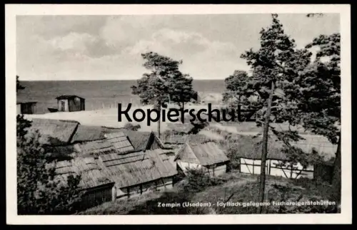 ÄLTERE POSTKARTE ZEMPIN USEDOM IDYLLISCH GELEGENE FISCHEREIGERÄTEHÜTTEN FISCHERHÜTTEN Fischerei Hütten Ansichtskarte AK