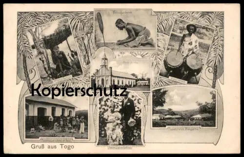 ALTE POSTKARTE GRUSS AUS TOGO FETISCH ANBETEN AGUENIVE ATAKPAME MISSIONSSCHULE KATCHIST KOLONIE SIGNALTROMMLER colony