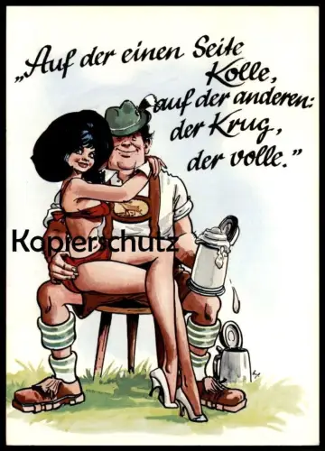 ÄLTERE POSTKARTE AUF DER EINEN SEITE KOLLE AUF DER ANDEREN DER KRUG DER VOLLE EROTIK ALKOHOL Oswalt eroticism sexismus