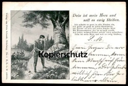ALTE POSTKARTE DEIN SEI MEIN HERZ UND SOLL ES EWIG BLEIBEN LIEBE INITIALEN RINDE BAUMINSCHRIFT tree inscription cpa AK