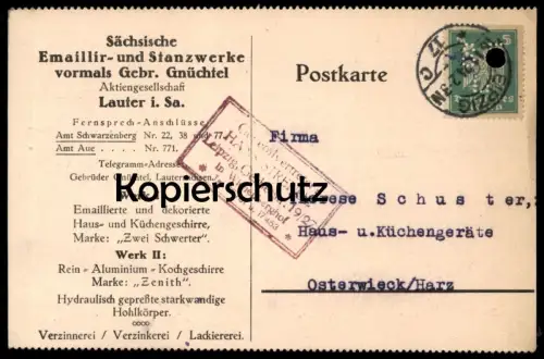 ALTE FIRMEN POSTKARTE EMAILLIER- UND STANZWERKE VORM. GNÜCHTEL LAUTERSACHSEN LAUTER BERNSBACH VERTRETER STRENGE LEIPZIG