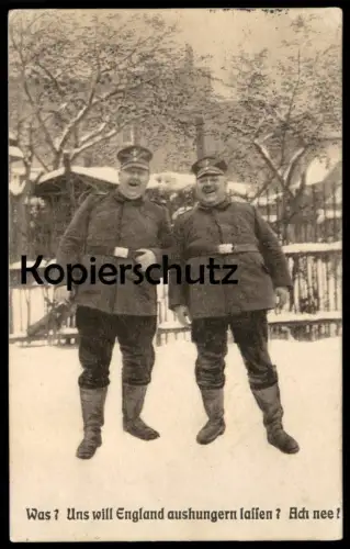 ALTE POSTKARTE MILITÄR 1. WELTKRIEG SOLDAT PROPAGANDA UNS WILL ENGLAND AUSHUNGERN Übergewicht overweight Adipositas cpa