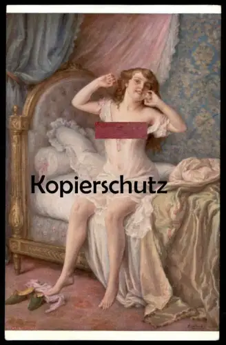 ALTE KÜNSTLER POSTKARTE J. SCALBERT RÉVEIL AWAKING ERWACHEN Frau femme seins nus nude breast woman nudity cpa postcard
