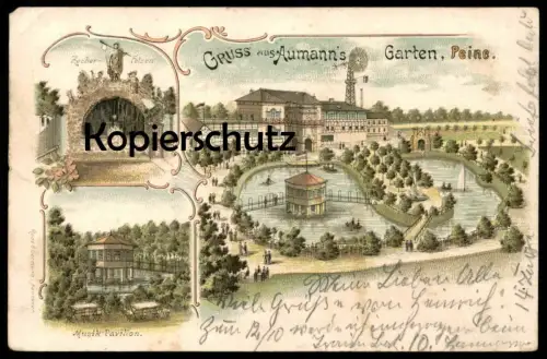 ALTE LITHO POSTKARTE GRUSS AUS AUMANN'S GARTEN PEINE ZECHER-FELSEN MUSIK-PAVILLON Ansichtskarte postcard cpa AK
