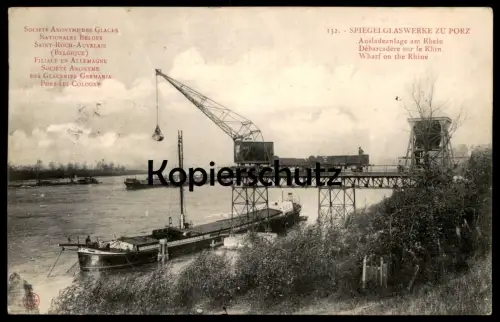 ALTE POSTKARTE KÖLN PORZ AM RHEIN SPIEGELGLASWERKE ZUG WAGGON KRAN crane grue train cargo ship Ansichtskarte postcard AK