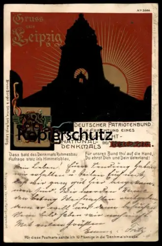 ALTE POSTKARTE VÖLKERSCHLACHTDENKMAL GRUSS AUS LEIPZIG PATRIOTENBUND Teufel Bruno Bürger & Ottillie Ansichtskarte cpa