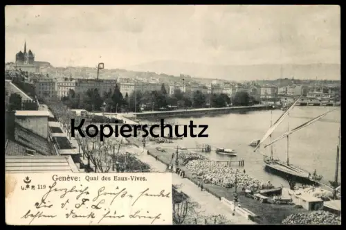ALTE POSTKARTE GENÈVE QUAI DES EAUX-VIVES Hafen Frachtschiff Segler Schiff cargo sailing ship Ansichtskarte postcard cpa