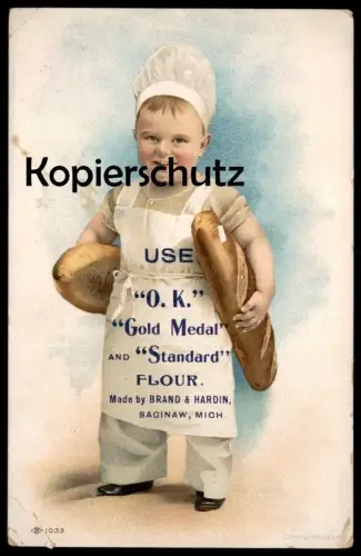 ALTE KARTE SAGINAW MICHIGAN USE O.K. GOLD MEDAL AND STANDARD FLOUR BRAND & HARDIN boy bread postcard Ansichtskarte