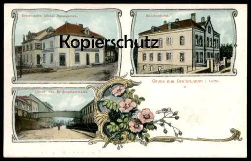 ALTE POSTKARTE DREIBRUNNEN UHREN- UND BRILLENGLÄSERFABRIK MÄDCHENHEIM TROISFONTAINES TROIS-FONTAINES Lothringen Moselle