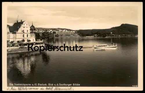 ALTE POSTKARTE HOTEL KRANICH SAALETALSPERRE AM KLEINEN BLEILOCH BLICK VON SAALBURGER BRÜCKE SAALBURG-EBERSDORF Schiff AK