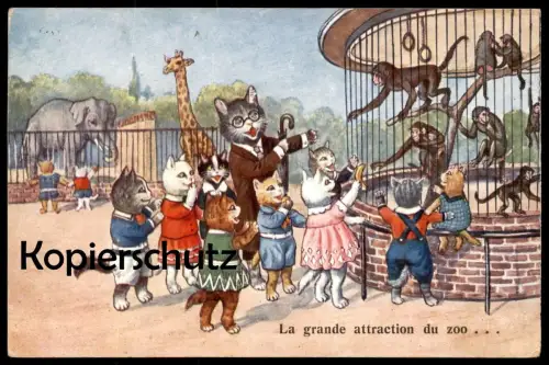 ALTE POSTKARTE KATZEN VERMENSCHLICHT ELEFANT GIRAFFE AFFE ZOO Tierpark cat cats chat chats Katze postcard cpa Kätzchen