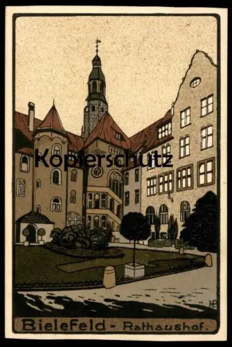 ALTE POSTKARTE KÜNSTLERSTEINZEICHNUNG STEINDRUCK BIELEFELD RATHAUSHOF STEINZEICHNUNG RATHAUS Ansichtskarte postcard cpa