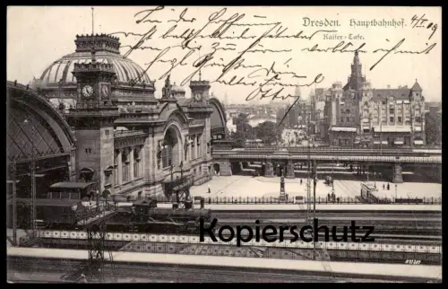 ALTE POSTKARTE DRESDEN HAUPTBAHNHOF KAISER-CAFÉ Bahnhof station gare Dampflok locomotive à vapeur steam train postcard