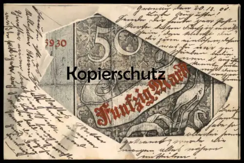 ALTE POSTKARTE GELDSCHEIN 50 MARK REICHSKASSENSCHEIN um 1882 money monnaie billet de banque bank note Geld cpa postcard