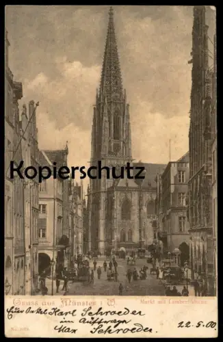 ALTE POSTKARTE GRUSS AUS MÜNSTER MARKT MIT LAMBERTIKIRCHE Ansichtskarte AK postcard cpa