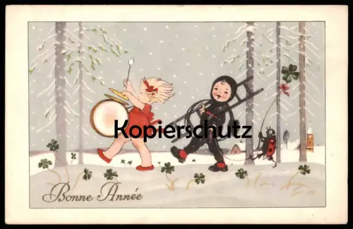 ALTE KÜNSTLER POSTKARTE KIND MIT TROMMEL SCHORNSTEINFEGER MARIENKÄFER CHIMNEY SWEEP ladybird enfant girl cpa postcard AK