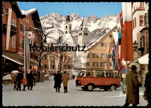 ÄLTERE POSTKARTE KITZBÜHEL STRASSENPARTIE WINTER ROTER TAXI BUS PKW Cab flag GB England cpa postcard AK Ansichtskarte