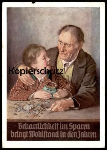 ALTE POSTKARTE SPARE BEI DER SPARKASSE DER HAUPTSTADT DER BEWEGUNG MÜNCHEN Bank banking Prof. Schlegel Opa Enkel Geld AK