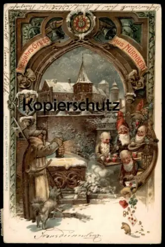 ALTE WINTER LITHO PRÄGE POSTKARTE NEUJAHRS-GRUSS AUS NÜRNBERG ZWERGE Zwerg nain midget dwarfs Neujahr Nachtwächter AK