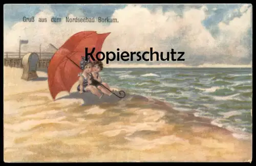 ALTE POSTKARTE GRUSS AUS DEM NORDSEEBAD BORKUM KINDER UNTER SONNENSCHIRM SCHIRM umbrella parapluie Ansichtskarte cpa AK