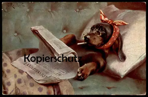 ALTE POSTKARTE DACKEL ZEITUNG RECONVALESCENT ZIGARETTE cigarette Hund Dachshund Teckel dog chien Ansichtskarte postcard