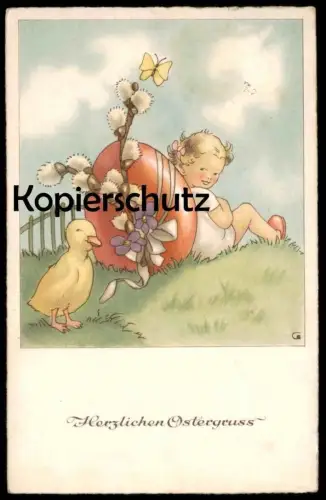 ALTE POSTKARTE HERZLICHEN OSTERGRUSS KÜKEN MÄDCHEN KIND WEIDENKÄTZCHEN EI Ostern Easter egg postcard cpa Ansichtskarte