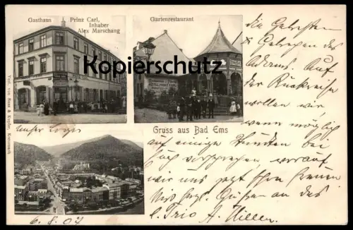 ALTE POSTKARTE GASTHAUS PRINZ CARL INHABER ALEX MARSCHANG GARTENRESTAURANT BAD EMS Ansichtskarte cpa postcard AK