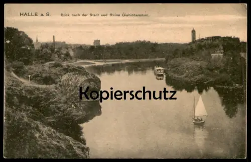 ALTE POSTKARTE HALLE SAALE BLICK NACH DER STADT UND RUINE GIEBICHENSTEIN Segelboot Ansichtskarte postcard cpa
