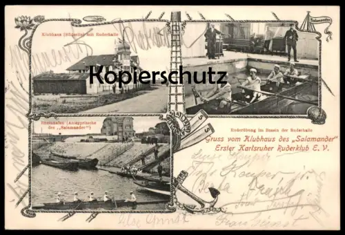 ALTE POSTKARTE GRUSS VOM KLUBHAUS DES SALAMANDER ERSTER KARLSRUHER RUDERCLUB KARLSRUHE ANLEGERPRITSCHE RUDERHALLE AK cpa