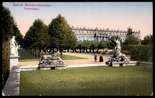 ALTE POSTKARTE SCHLOSS HERREN-CHIEMSEE PARKANLAGEN Löwen Löwe Park Herrenchiemsee parc garden castle chateau postcard AK