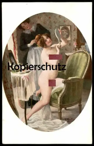 ALTE KÜNSTLER POSTKARTE CLAIRE MALIQUET IN FRONT OF THE DRESSING TABLE femme seins nus nude breast woman nudity postcard