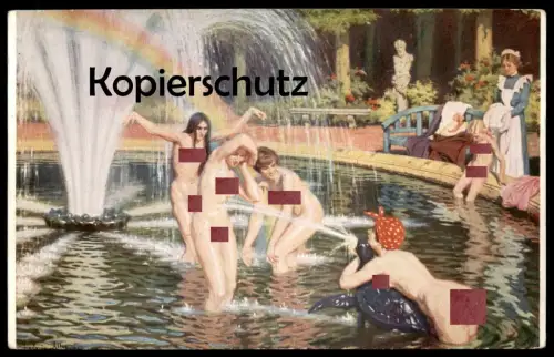 ALTE KÜNSTLER POSTKARTE LUDOVIC ALLEAUME LA DOUCHE IRISÉE BATH femme seins nus nude breast woman nudity cpa postcard AK