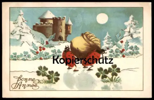 ALTE POSTKARTE MARIENKÄFER SCHLEPPEN GELDSACK VERMENSCHLICHT KÄFER coccinelle ladybug ladybird Geld AK cpa postcard