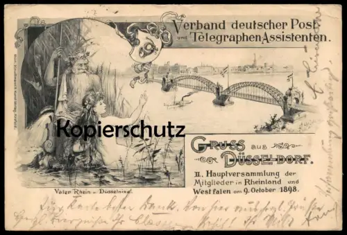 ALTE POSTKARTE GRUSS AUS DÜSSELDORF 1898 VERBAND POSTASSISTENTEN NIXE MEERJUNGFRAU NEPTUN Oceaniden mermaid nude breast