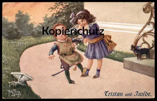 ALTE KÜNSTLER POSTKARTE ARTHUR THIELE TRISTAN UND ISOLDE KINDER BABY FLASCHE KATZE cat chat Ansichtskarte postcard cpa
