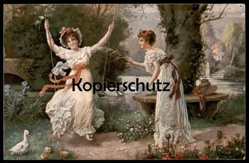 ALTE POSTKARTE ZWEI FRAUEN IM FRÜHLING DES LEBENS SCHAUKEL SPIELEN swing two women cpa AK Ansichtskarte postcard