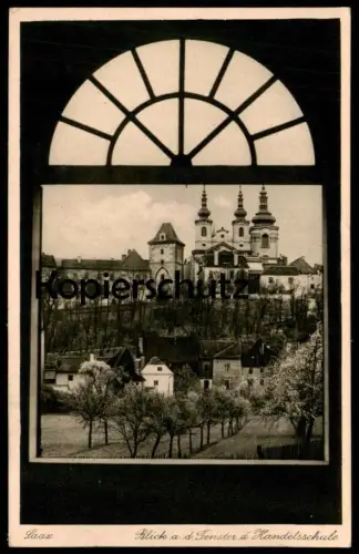 ALTE POSTKARTE SAAZ BLICK AUS DEM FENSTER DER HANDELSSCHULE Zatec school Tschechien Tschechische Repulik postcard