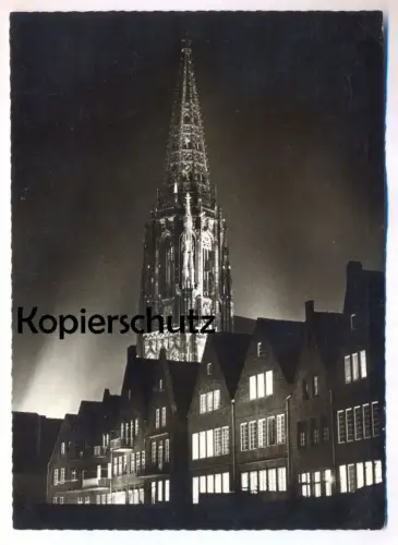 ALTE POSTKARTE MÜNSTER WESTFALEN ANGESTRAHLTE LAMBERTIKIRCHE BEI NACHT FESTBELEUCHTUNG Ansichtskarte postcard cpa AK