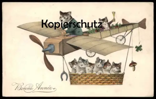 ALTE POSTKARTE KATZEN VERMENSCHLICHT PILOT KATZENKINDER NEUJAHR plane avion airplane cat cats chat chats cpa postcard