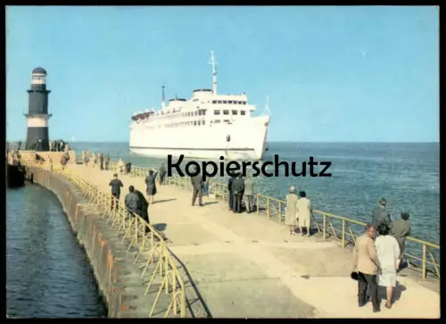 ÄLTERE POSTKARTE WARNEMÜNDE MOLE MIT MS WARNEMÜNDE FÄHRE ferry Schiff Motorschiff ship bateau Sonderstempel postcard cpa