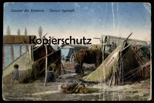 ALTE POSTKARTE SALUTARI DIN ROMANIA CORTURI TIGANESTI ZELTE Zelt tent Rumänien roumanie Ansichtskarte AK cpa postcard
