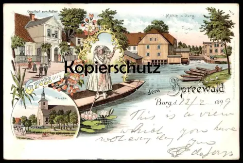 ALTE LITHO POSTKARTE GRUSS AUS DEM SPREEWALD BURG GASTHOF ZUM ADLER MÜHLE KIRCHE TRACHT Ansichtskarte postcard AK cpa