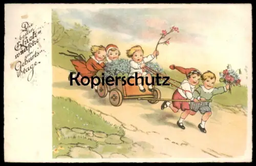 ALTE KÜNSTLER POSTKARTE KINDER ZIEHEN KARREN MIT KINDERN BLUMEN STEMPEL SANDAU Mädchen Jungen Ansichtskarten AK postcard
