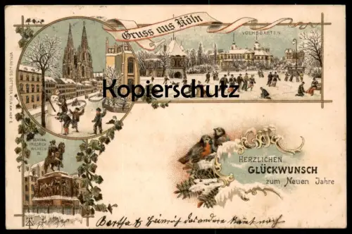 ALTE WINTER LITHO POSTKARTE GRUSS AUS CÖLN VOLKSGARTEN SCHNEEMANN DOM DENKMAL NEUJAHR KÖLN Ansichtskarte AK cpa postcard